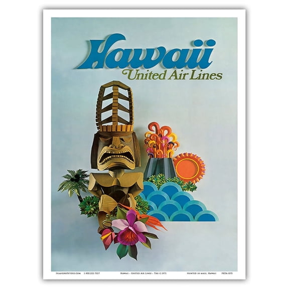 Hawaii - United Air Lines - Tiki - Vintage Airline Travel Poster c.1971 - Master Art Print (Unframed) 9in x 12in
