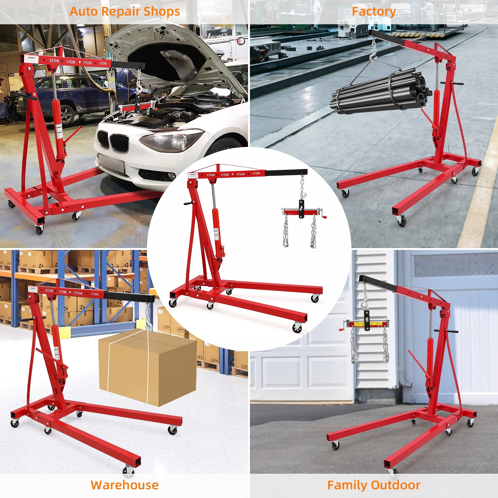 Towallmark Folding Engine Hoist, Cherry Picker with Lever and 6 Casters,Heavy Duty Hydraulic Shop Crane, 2 Ton Max, Red