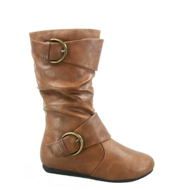 Klein-80k Girls Kid's Causal Round Toe Flat Heel Buckles Zipper Slouchy Mid Calf Boots Shoes ( Tan, 2 )