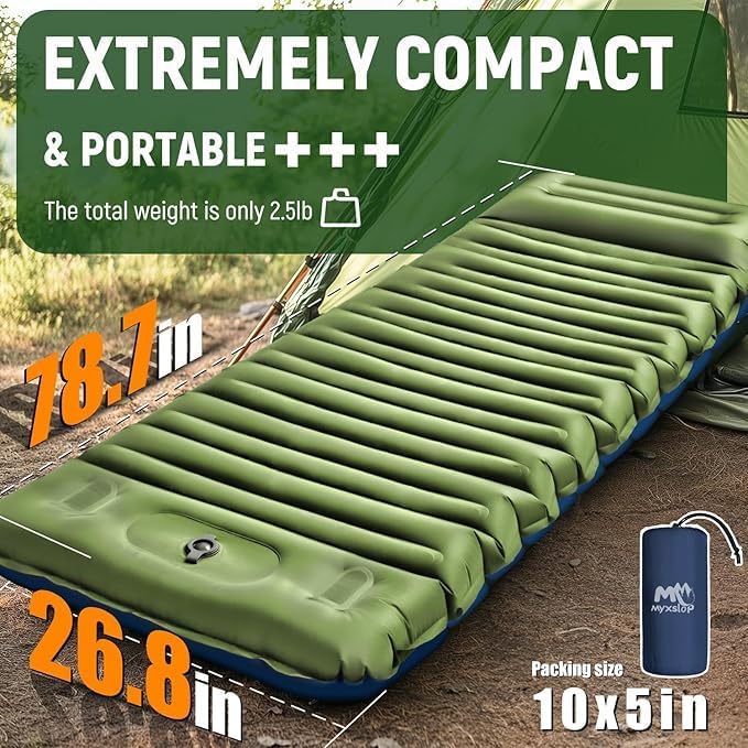 Double Sleeping Pad for Camping- Self Inflating 4" Extra-Thick with Pillow Built-in Foot Pump Inflatable Sleeping Mat for Backpacking, Hiking, Traveling, Tent, Portable Camping Mat