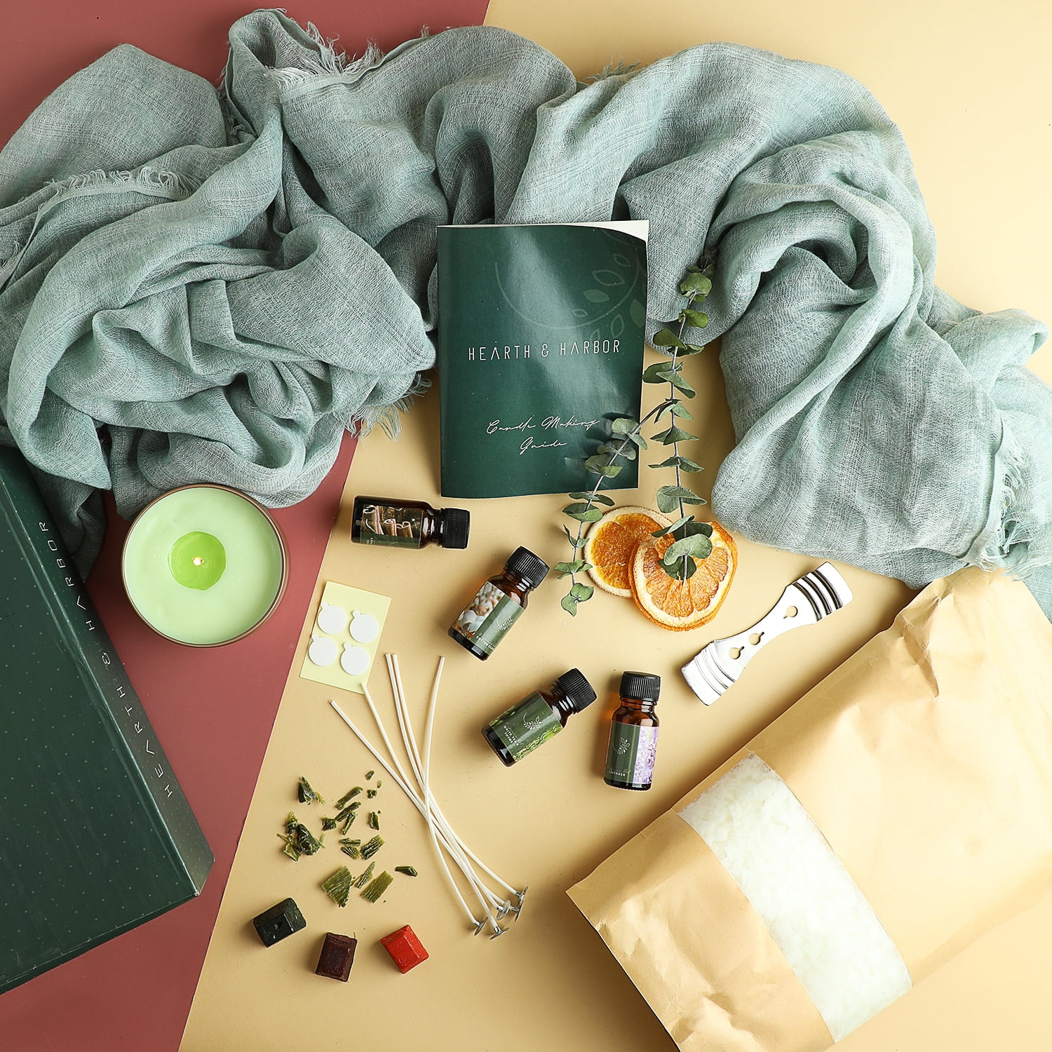 Hearth & Harbor Soy Candle Making Kit - Mini Supply Kit - Candle Wax for Candle Making - 2lbs Natural Soy Wax, Fragnance Oil, Cotton Wicks, Metal Centering Tool, and Glue Stickers