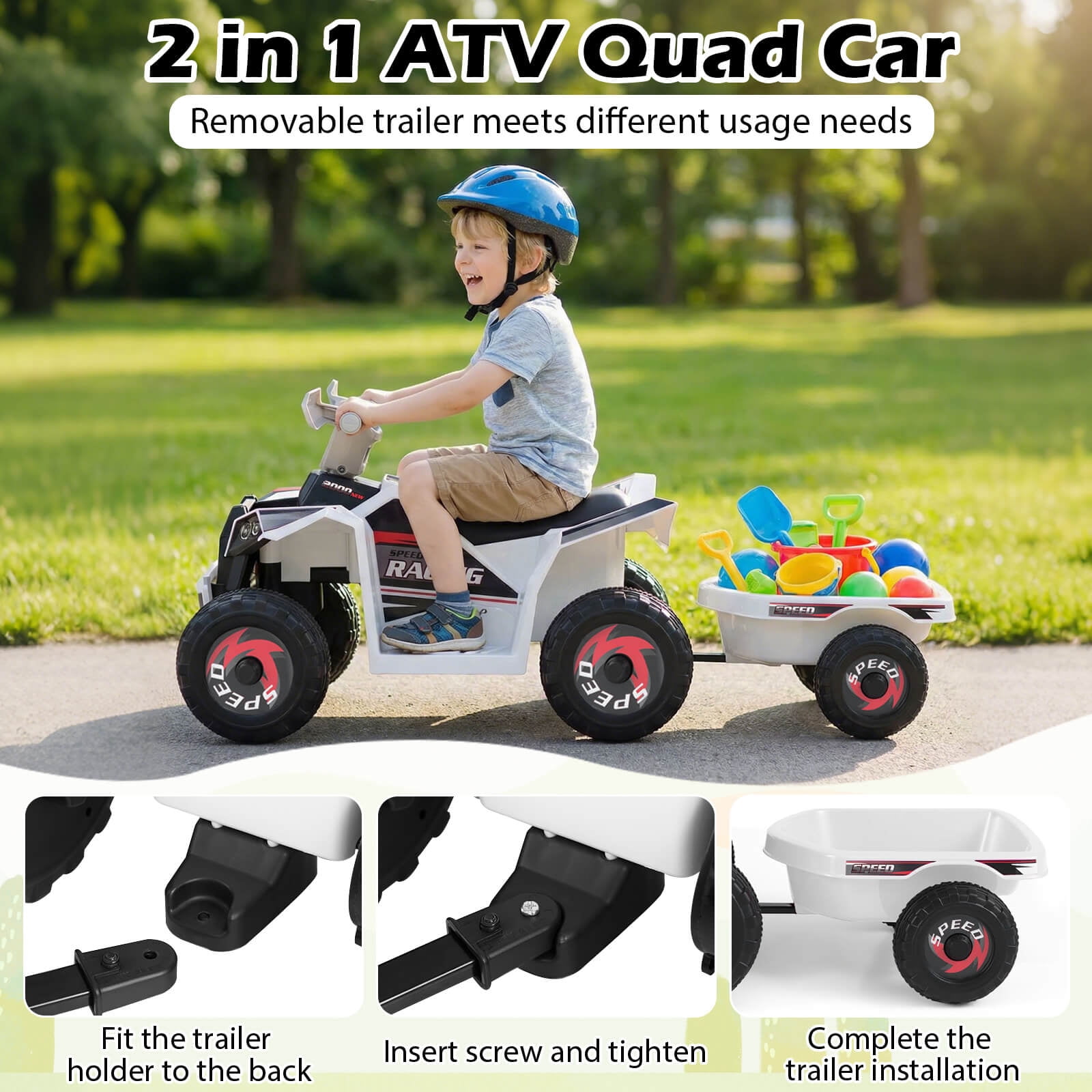Costway Kids Electric ATV Car, 6V Battery-Powered Ride on Toy wirh Removable Back Trailer White