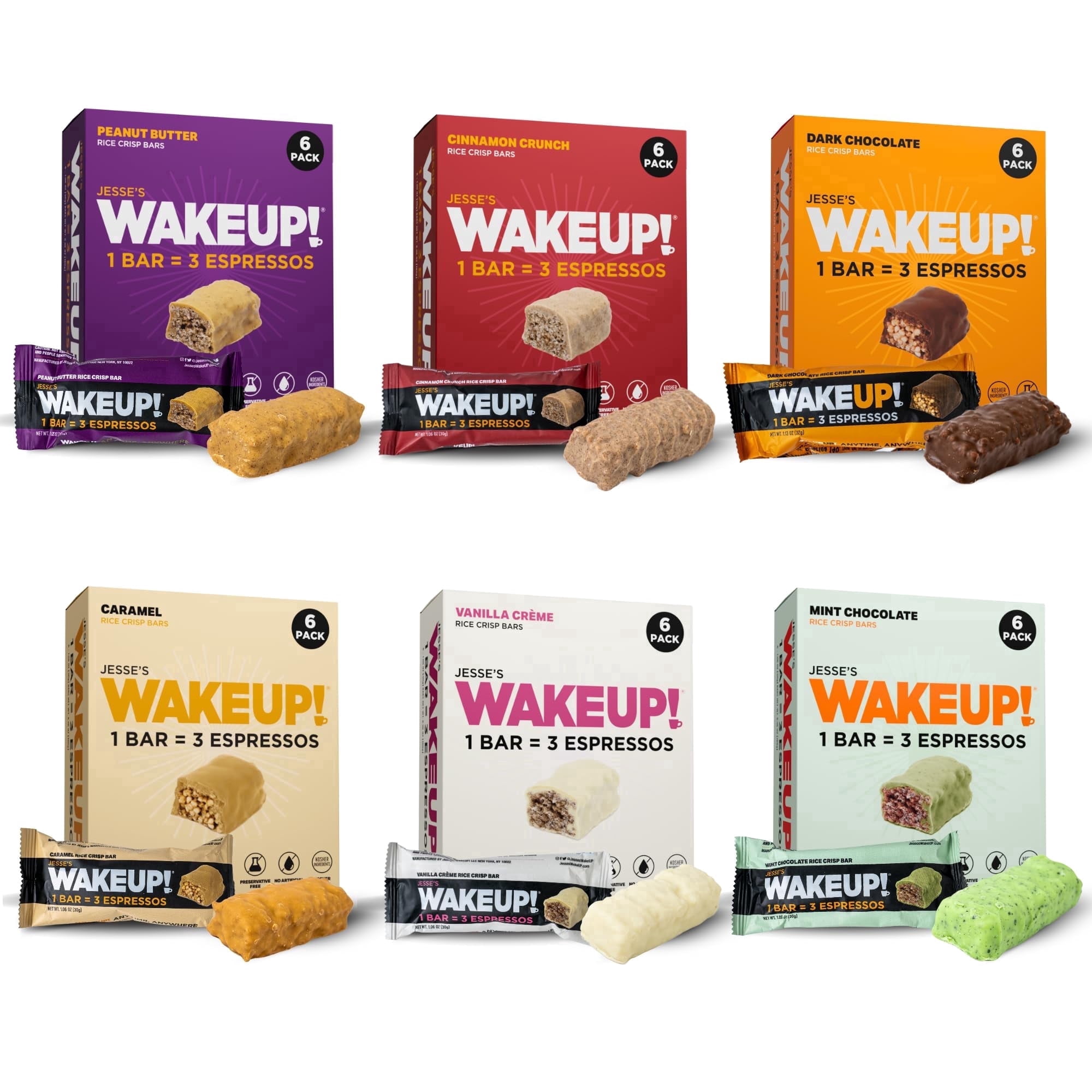Jesse’s Wakeup Caffeinated Breakfast Bars, 350mg Natural Caffeine, Gluten-Free, Variety Pack 6 Flavors (36 pack bars)