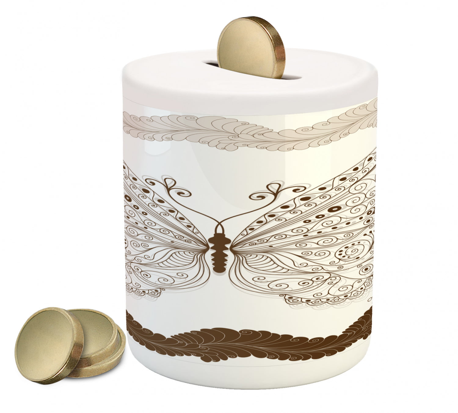 Butterfly Piggy Bank, Insect Art Swirled Wings Vintage Modern Fashion Style Print, Ceramic Coin Bank Money Box for Cash Saving, 3.6" X 3.2", White Brown Grey, by - Walmart.com