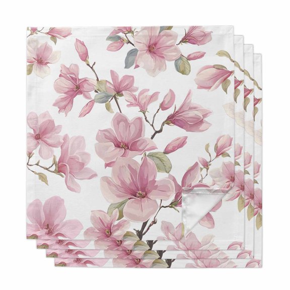 Pink Flowers Cloth Napkins, Spring Watercolor Botanical Floral Leaf Plant Washable and Reusable Dinner Napkins Set of 4, Table Napkin for Kitchen Party Birthday Wedding Hotel Housewarming 20"x20"
