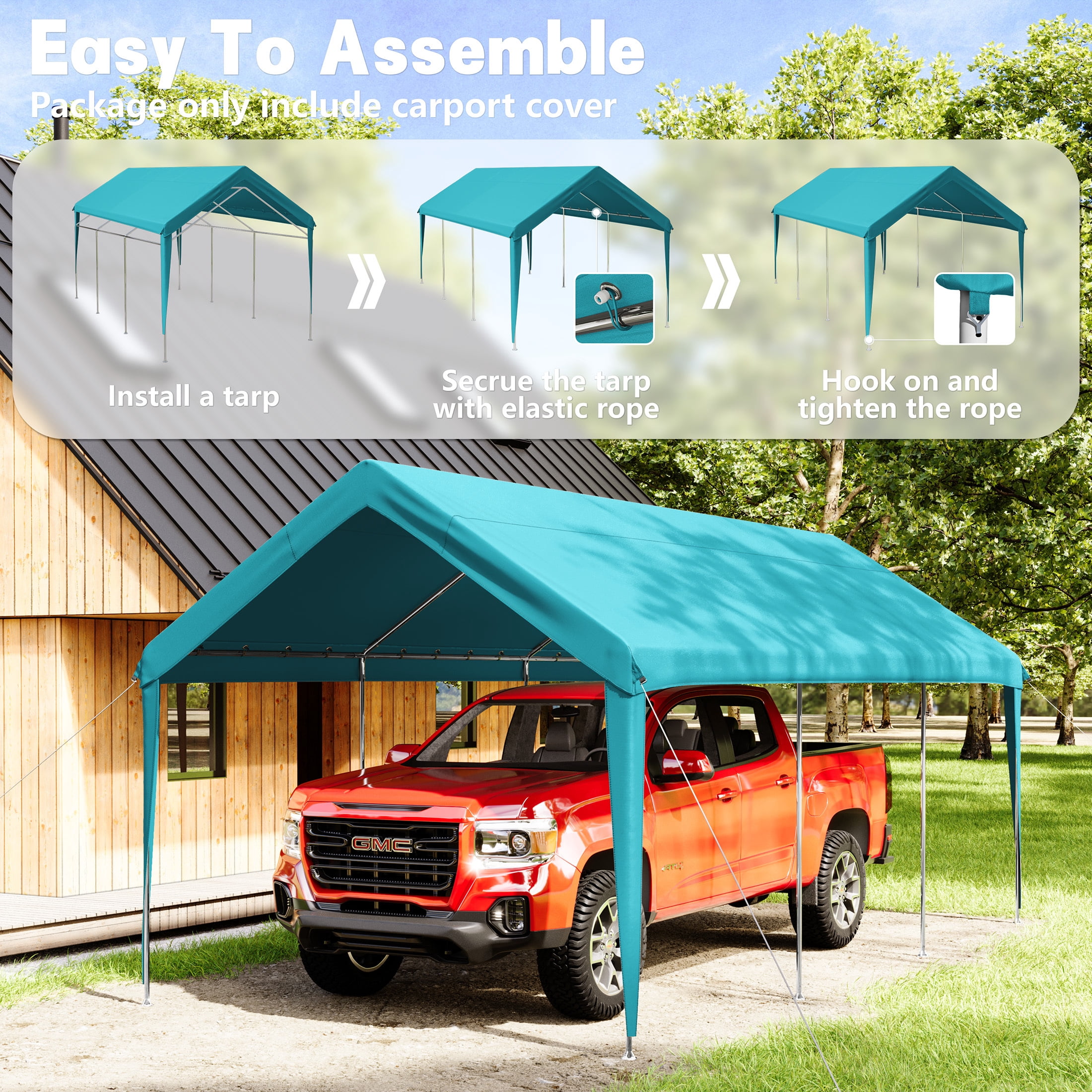 Snubbull 10x20 FT Upgraded Replacement Canopy Top Cover, Heavy-Duty Oxford Fabric for Outdoor Carport, Garage Shelter, Party Tent (Includes 34 Ball Bungees, Frame Not Included) Lake Blue