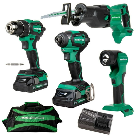 Metabo HPT 18V MultiVolt™ Cordless Driver Drill, Impact Driver, Reciprocating Saw, and Torchlight 4-Pc Combo Kit | Includes 2-18V 2.0Ah Batteries | Lifetime Tool Warranty | KC18DEX4