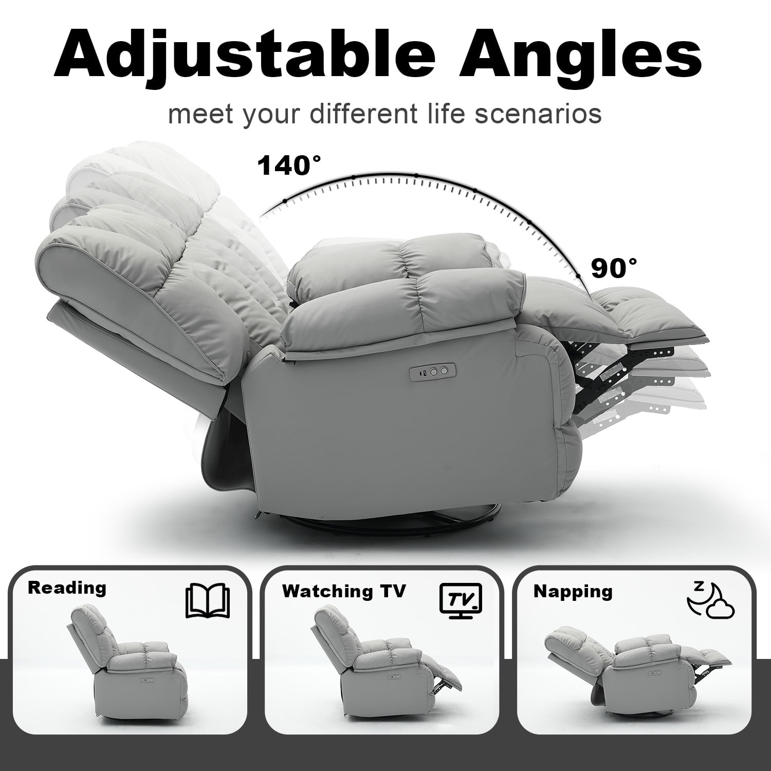 Pmango Pet-friendly Leather Recliner Chair Oversized, XXL Extra Wide Swivel Rocking Recliner, Nursery Modern Single Sofa for Living Room, Electric Adjustable Reclining, USB & Type-C Port, Gray