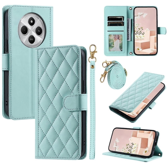 Leather Case for Xiaomi Poco C75 4G Redmi 14R 5G 14C 4G Wallet Rhombus Grid Phone Cover - Green
