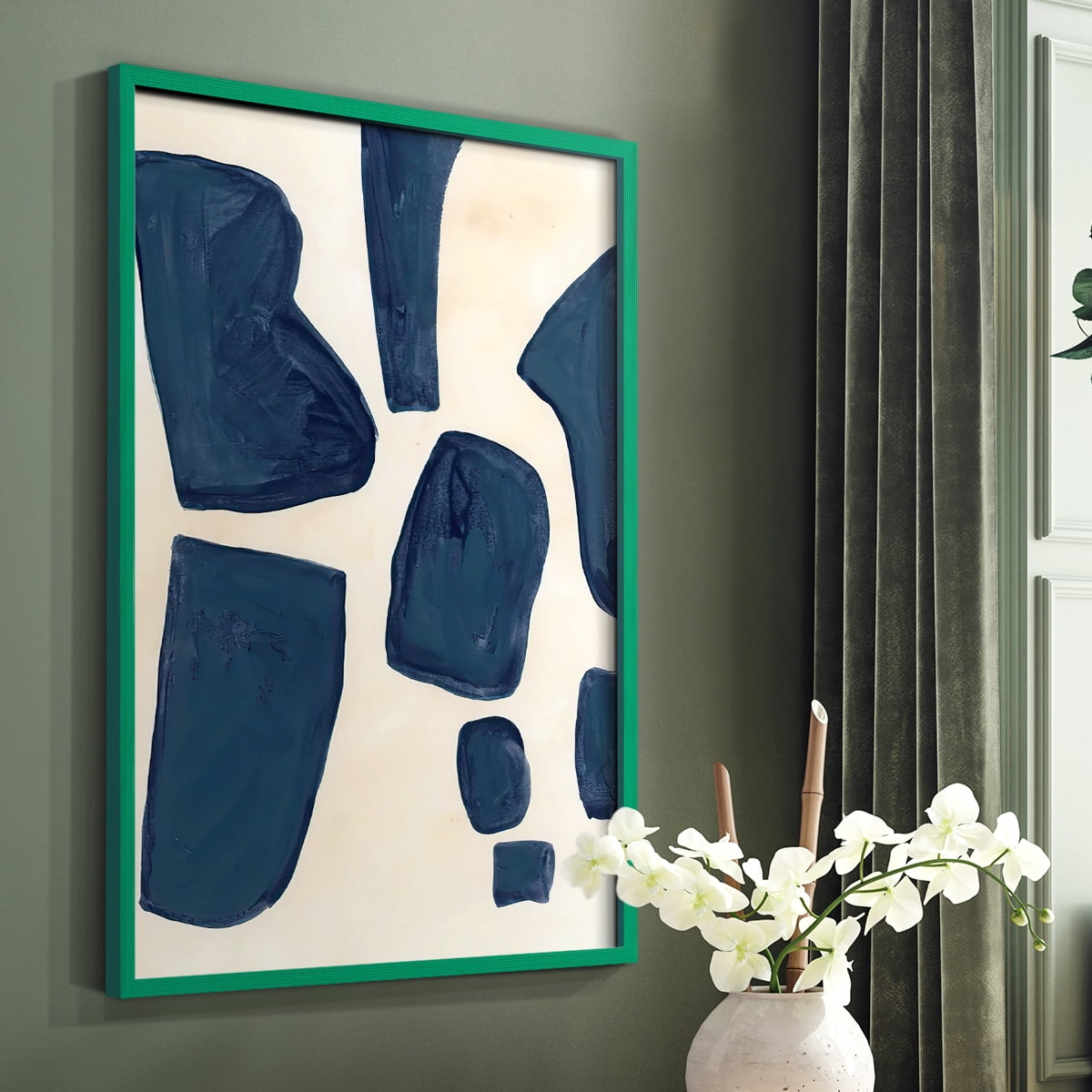 Blue Pieces I Framed Print in Green Solid Wood Framed Print No Nail Hanging