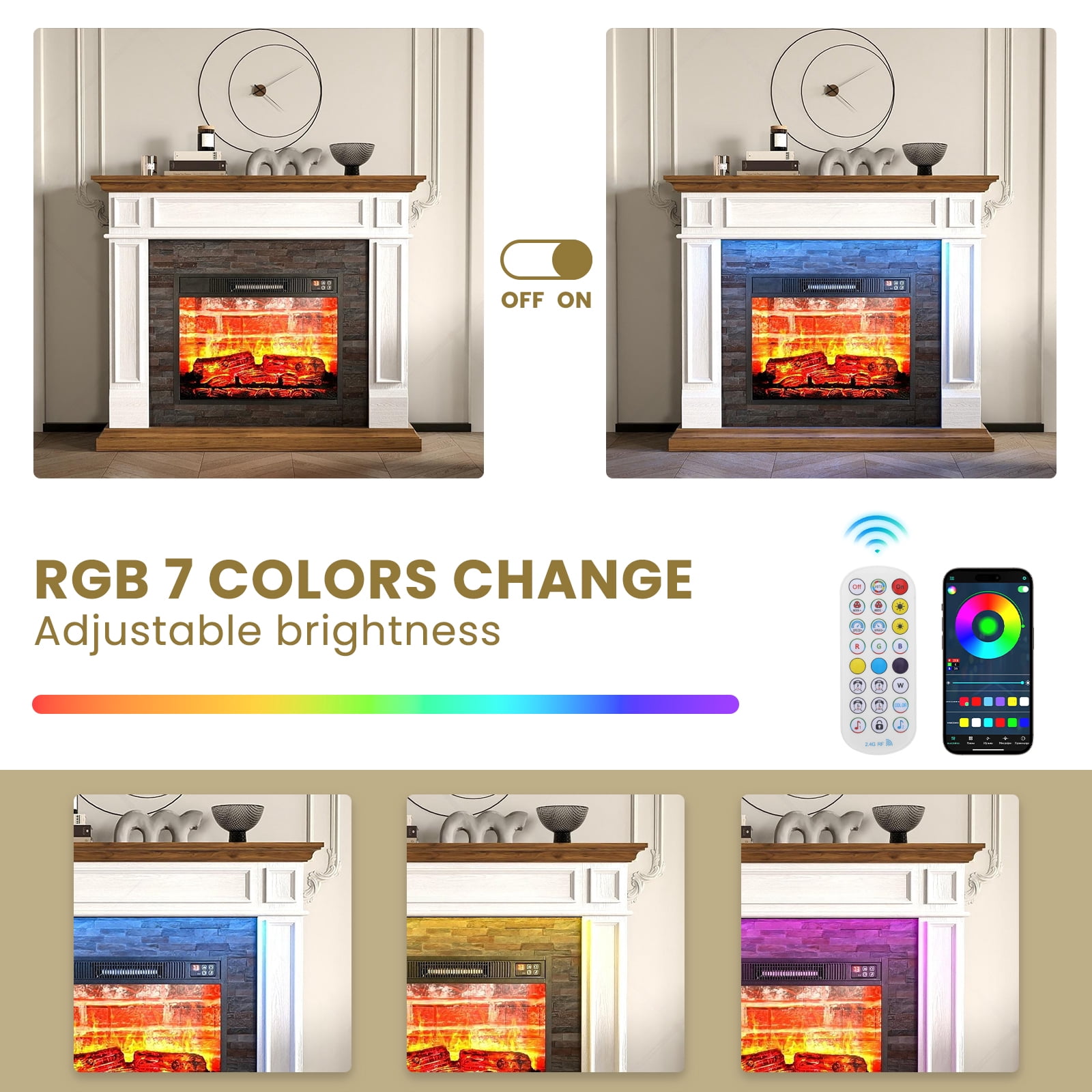 44" Fireplace Mantel with Led Lights & 23'' Electric Fireplace,Wooden Surround Firebox, Free Standing Fireplace, with Remote Control, Adjustable LED Flame,White & Brown