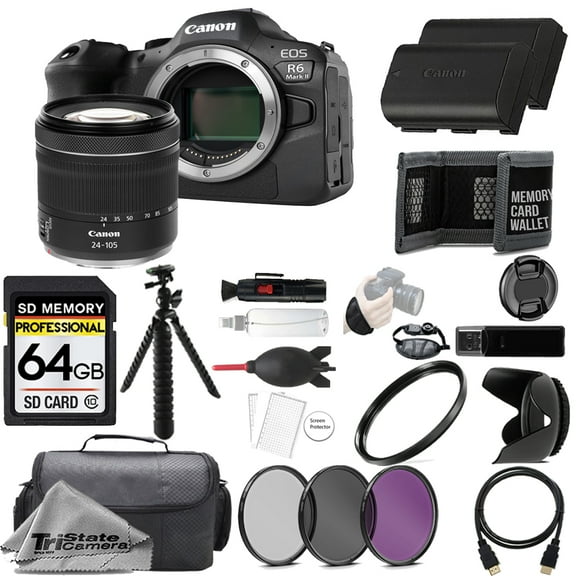 Canon EOS R6 Mark II Mirrorless Camera w/ 24-105mm IS STM f/4-7.1 Lens   64GB   Extra Battery  3 PC Filter- Accessory Kit (International Version)