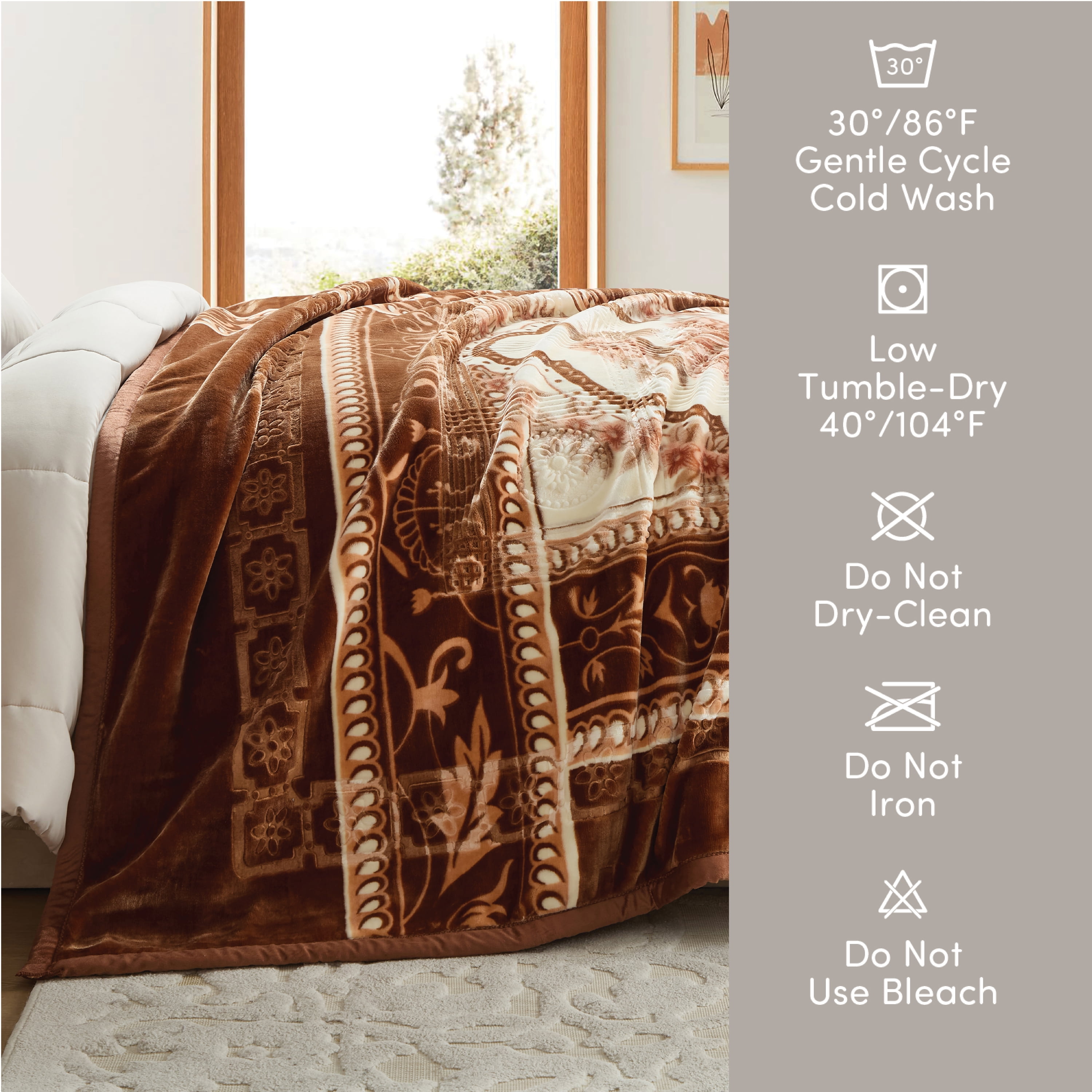 Lammaloe Queen Size Korean Mink Fleece Blanket for Winter, 9 lbs, 79" x 94", Heavy 2-Ply Warm Heavyweight Raschel Bed Blankets, Reversible Printed, Brown