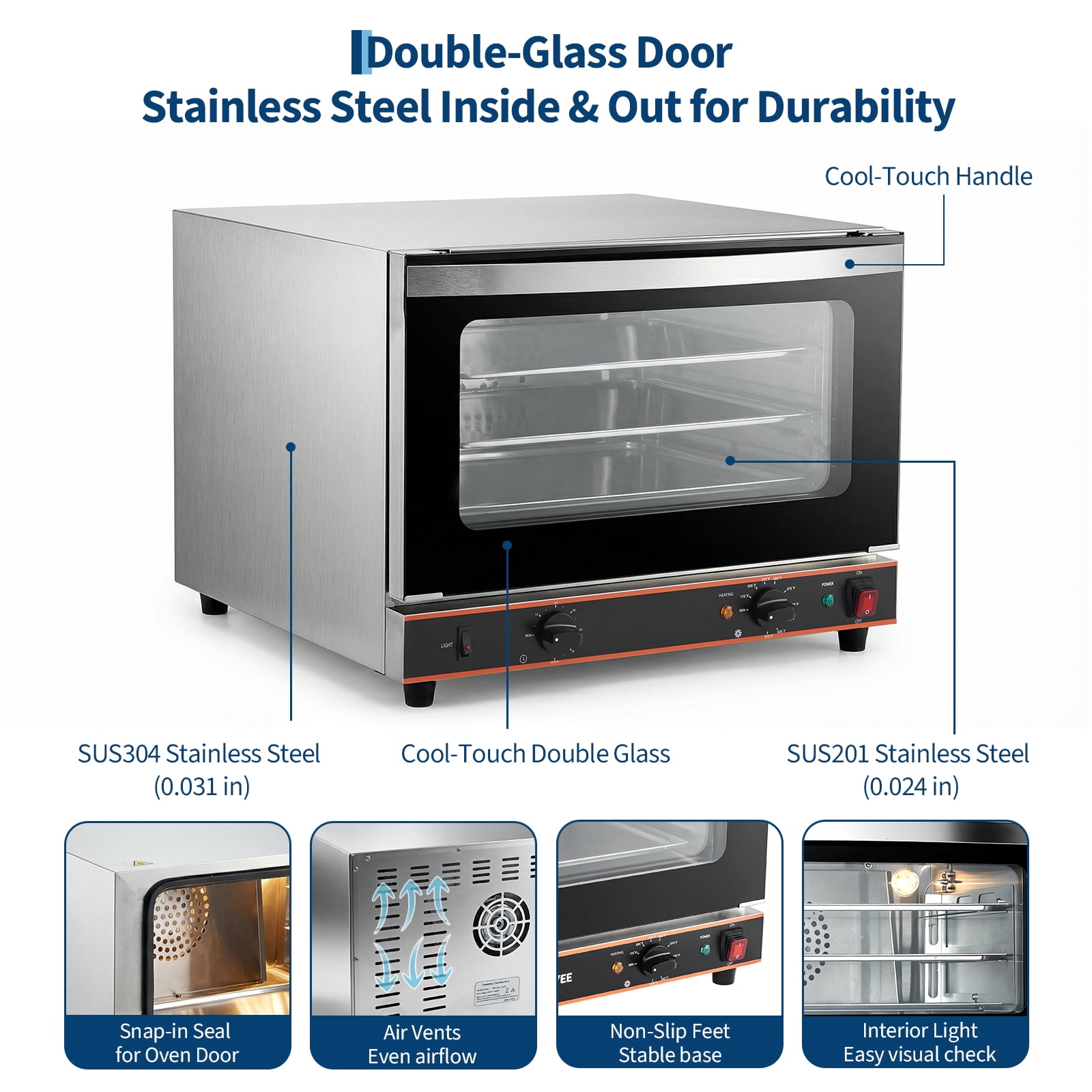 42Qt Commercial Countertop Convection Oven – 3-Tier Toaster, Air Fryer Combo, Front Glass Door, 2400W, 3 Trays & Wire Racks, Kitchen Appliance – 1.5 cu ft, Half-Size, US Plug 1.5m, Temp 30°C-300°C