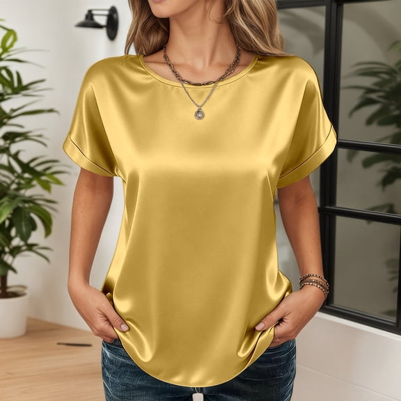 CUSTG Women Casual Blouses Summer Solid Color Satin Round Neck Short Sleeved Blouse Shirt Classic Tops