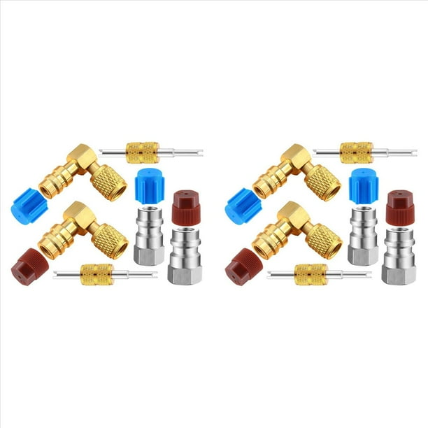2X R12 A R134A Kit de Adaptador de Conversión de Conexión de CA, Válvula de Acoplamiento Rápido Adaptador de Ajuste de Puerto A/C 90 ° Presión Alta/Baja