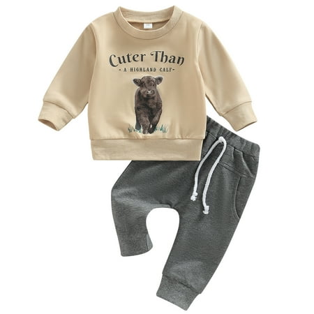 

2PCS Kids Baby Boy Outfits Set Western Clothes Cow Print Sweatshirt Top and Solid Color Pants Fall Winter Suit 18-24 Months