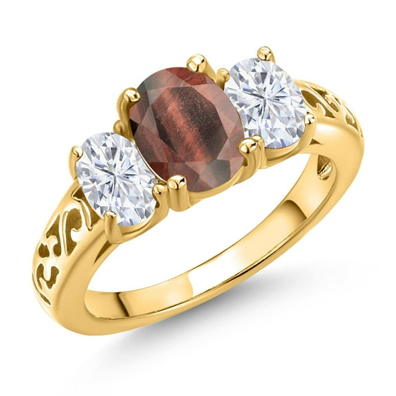 Gem Stone King 18K Yellow Gold Plated Silver Red Tiger Eye and White Moissanite Filigree Style 3 Stone Ring for Women (2.25 Cttw, Oval 8X6MM and 6X4MM) (Size 6)