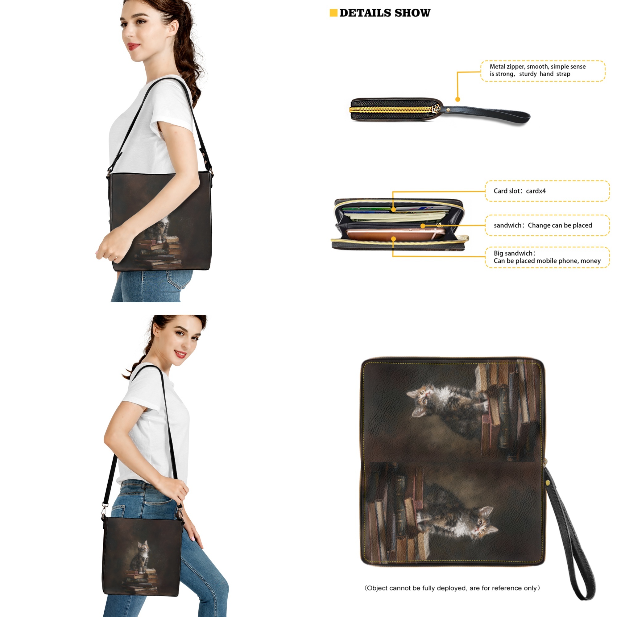 ZUXONGSY Cat Book Print Bucket Purse and Wallet Set for Women Lady Fashion Bucket Bag Tote Purse Set Lightweight Crossbody Hobo Bag with Wallet Set for Daily Use
