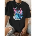 thumbnail image 1 of Whimsical Owl & Floral Print Women's T-Shirt - Vintage Round Neck, Short Sleeve, Polyester, Machine Washable, Summer Top in Black, 1 of 5