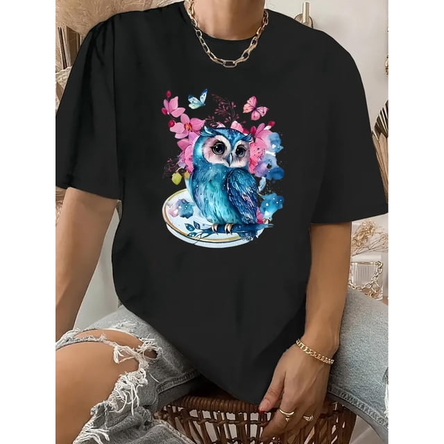Whimsical Owl & Floral Print Women's T-Shirt - Vintage Round Neck, Short Sleeve, Polyester, Machine Washable, Summer Top in Black