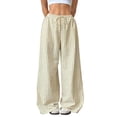 thumbnail image 3 of Women Drawstring Striped Pants Loose Wide Leg Trousers Casual Low Waist Pants Comfy Lounge Pants Blue & Blue Yellow M, 3 of 10
