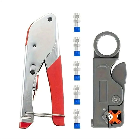 Kit de Herramientas de Compresión Coaxial, Engarzadora de Cables Coaxiales de 7 Piezas, Pelacables con Conectores F RG6 RG59, Alicates de Engarzado