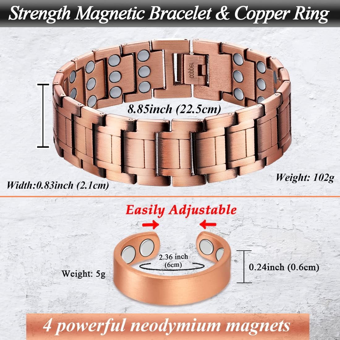 Wollet 99.9% Pure Copper Magnetic Bracelet Set , Valentine's Day Jewelry Gifts for Men 8.66in（22cm）