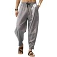 thumbnail image 2 of Pantalones casuales de lino para hombre, color liso, pierna ancha, sueltos, elásticos, con cordón, pantalones recortados para verano, playa, yoga 065-gris XL 065-gris XL Xishao ropa, 2 of 2