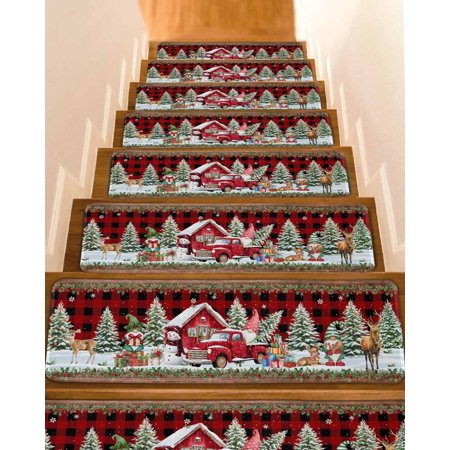 Farmhouse Christmas Stair Treads for Wooden Steps Indoor Runner Rug Carpet Xmas Tree Gnomes Snowman Red Plaid 7 Pieces Peel and Stick Staircase Step Treads Covers Washable Throw Door Mats 30 x8