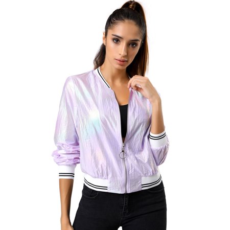 Metallic Bomber - Women's Holographic Stand Collar Metallic Lightweight Zip Bomber Jacket