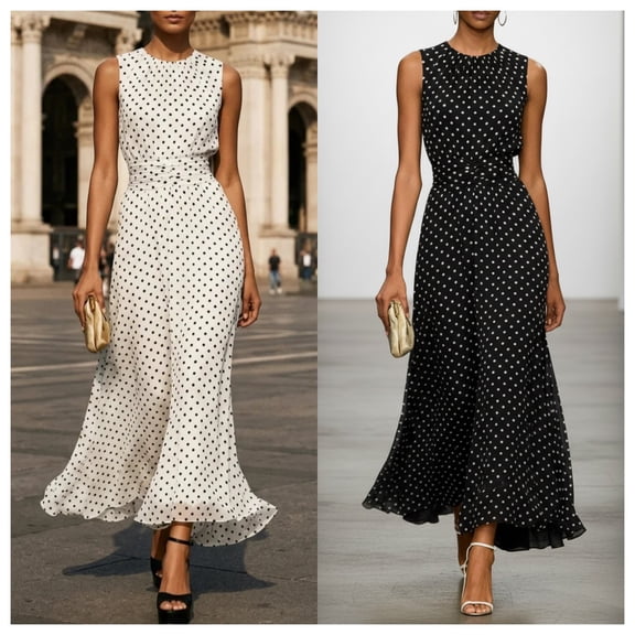 2026 Elegant Polka Dot Sleeveless Maxi Dress for Women, Waist Cinch Flowy A-Line Dress, Summer Casual & Party Wear
