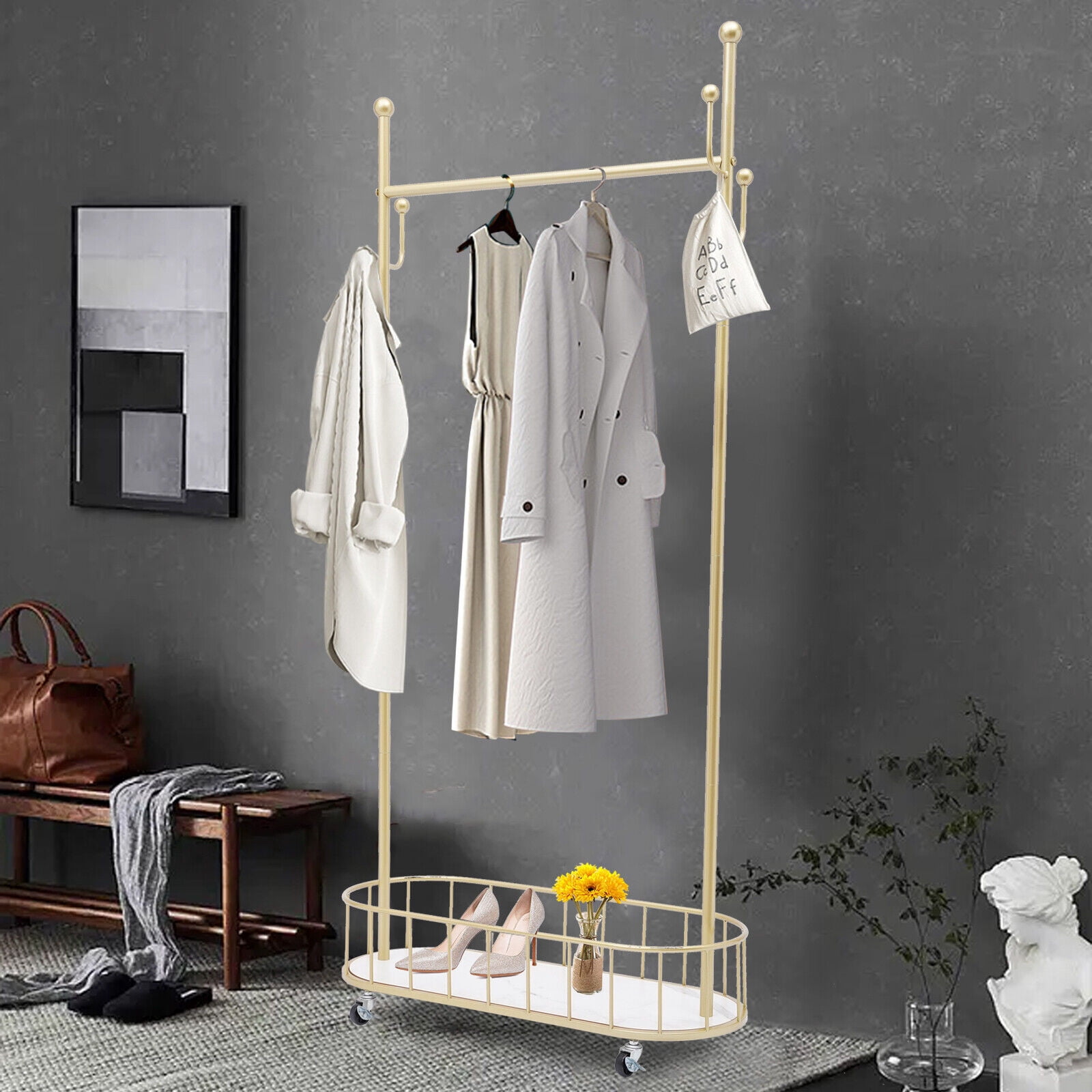 Miumaeov Coat Rack with Storage Basket Rolling Clothes Organizer 60lbs ...