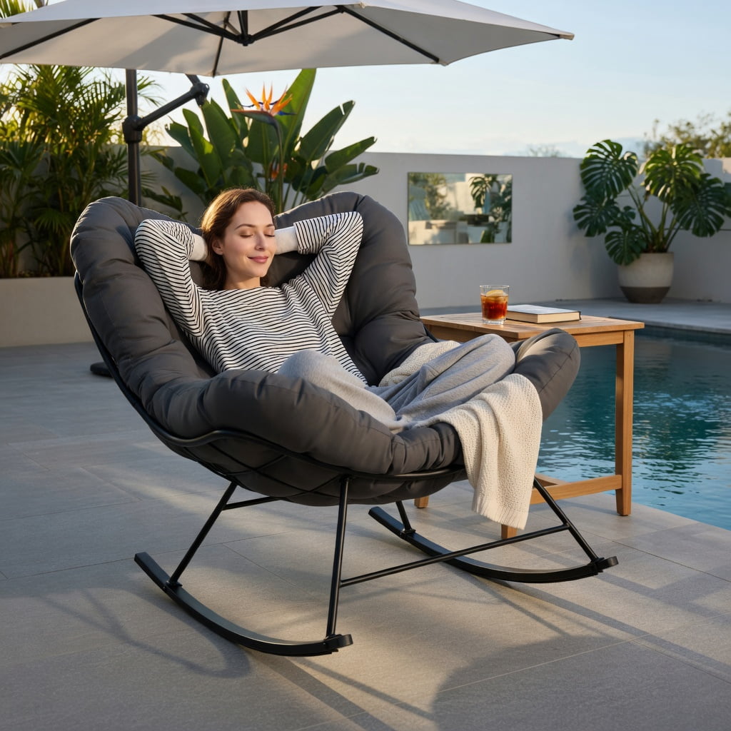 Hommoo Oversized Egg Papasan Rocking Chair with Thick Padded Cushion, Indoor/Outdoor Patio Lounge Chair, Gray