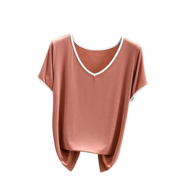 Zkozptok Summer Casual Short Sleeve Tees for Women Color Block Round Neck Tops Solid Color Loose Blouses