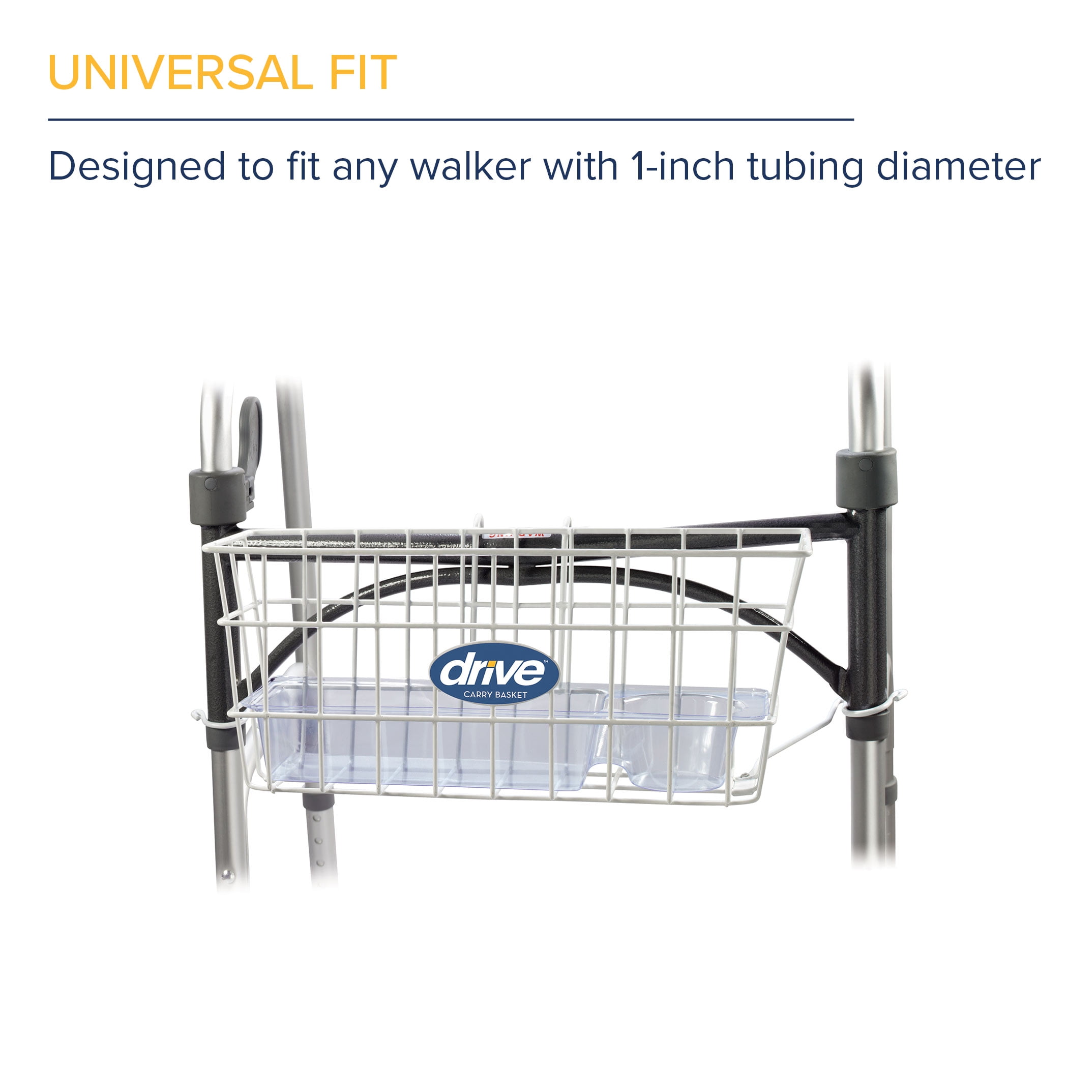 Drive Medical Walker Basket with Plastic Insert Tray and Cup Holder, Aluminum, Compatible with 1" Folding Walkers