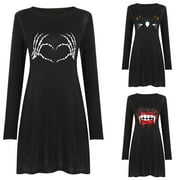Black Friday Deals Fayshow0 Womens Dresses for Halloween Digital Print Round Neck Big Sleeve Long Sleeve Dress
