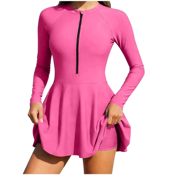 Qingpeng Two Piece Womens Long Sleeve Rash Guard Surf Swimsuit Dress Built in Bra Zipper Bathing Suit with Boyshorts