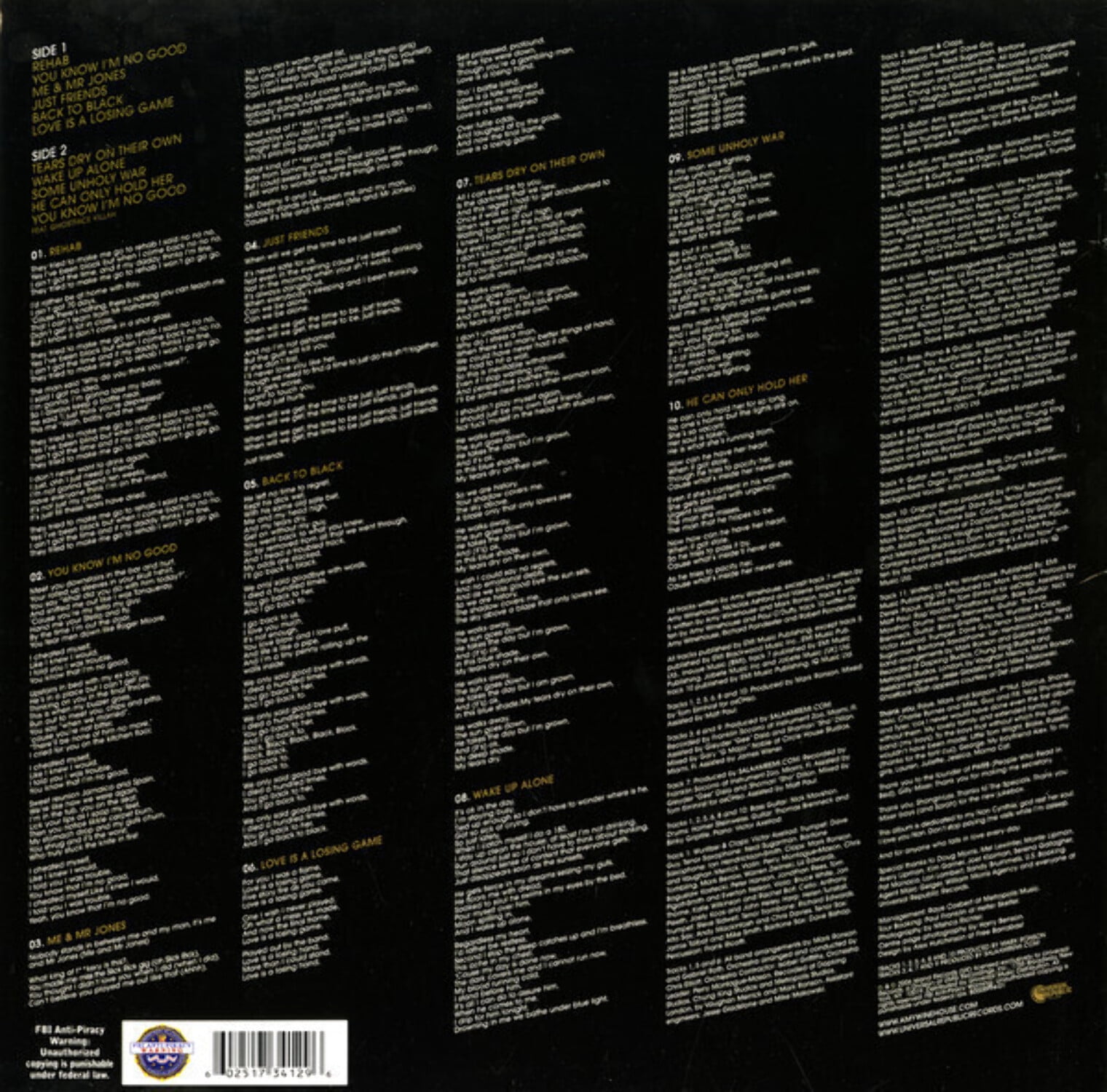 Amy Winehouse - Back To Black LP Vinyl Record 602517341289