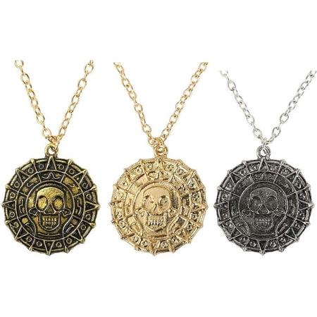 Pack of 3 Pirates of The Caribbean Necklace Aztec Skull Coin Medallion Necklace Pack of 3 Pirates of The Caribbean Necklace Aztec Skull Coin Medallion Necklace