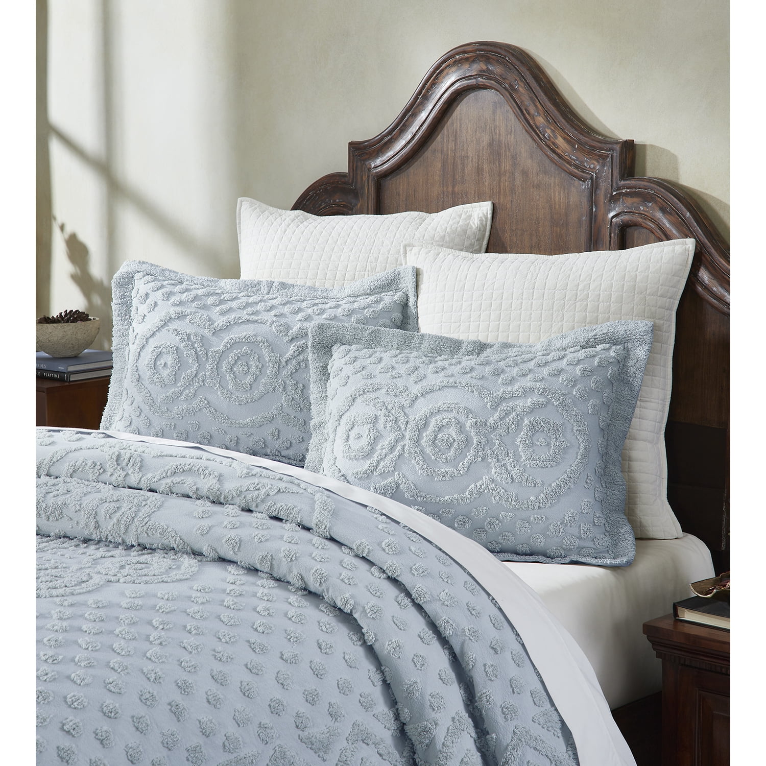 Better Trends King Sham Pillowcase For king Bedspread 100% Cotton 1 Pack 20" x 36" Ultra Soft Waffle Weave Medallion Design Decorative Case Covers for Bed Heirloom Collection (Blue)