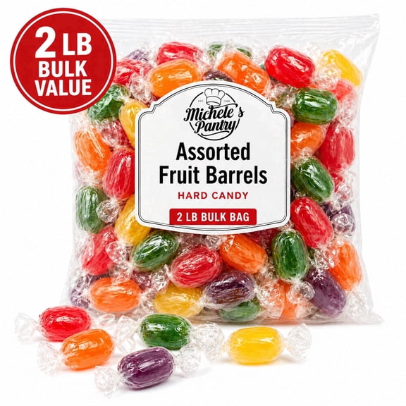 Michele’s Pantry Assorted Fruit Barrels Hard Candy, Wrapped, 2 lb Bulk Bag, Contains Milk