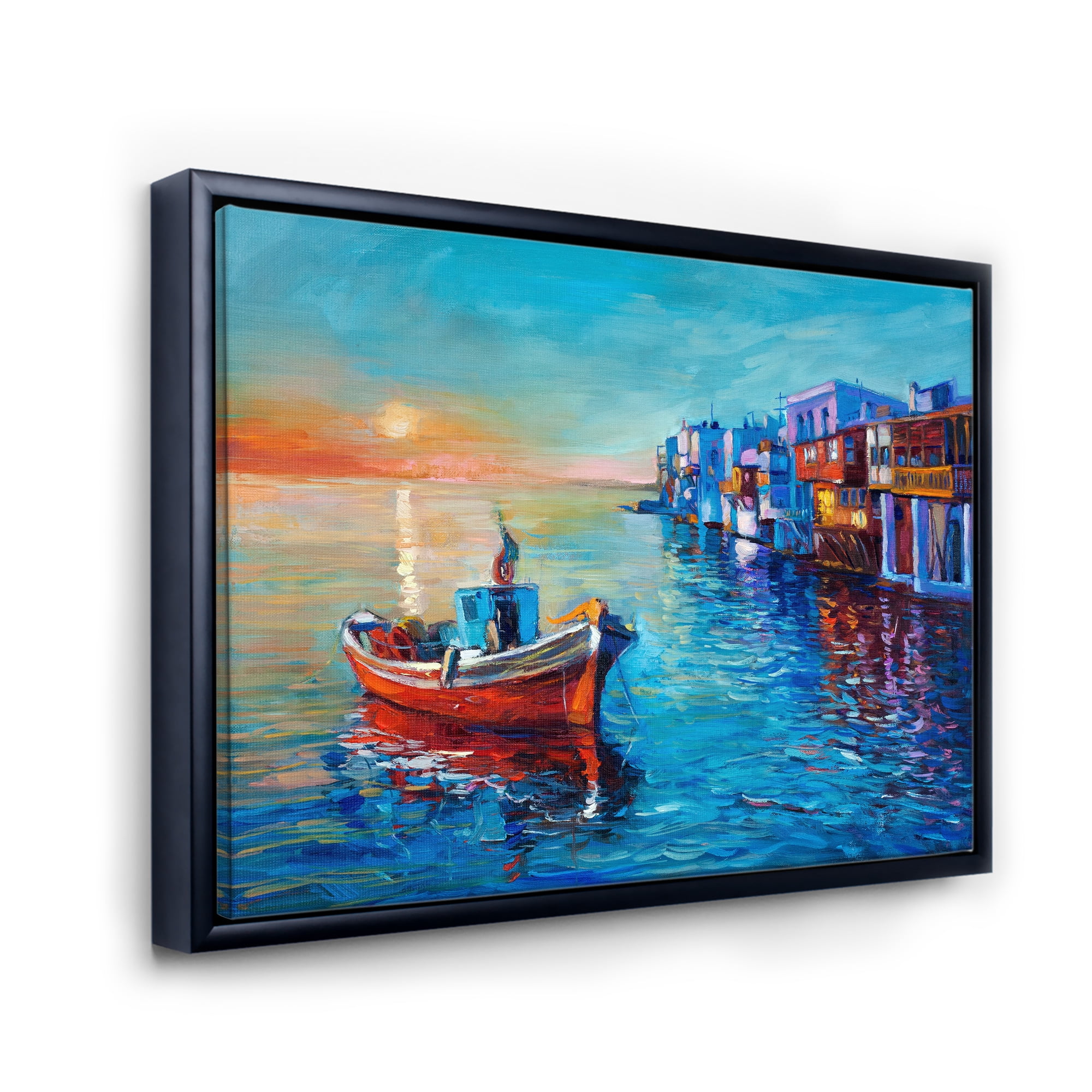 Designart 'Boats Near Coastal Town Resting On The Water I' Nautical & Coastal Framed Canvas Wall Art Print