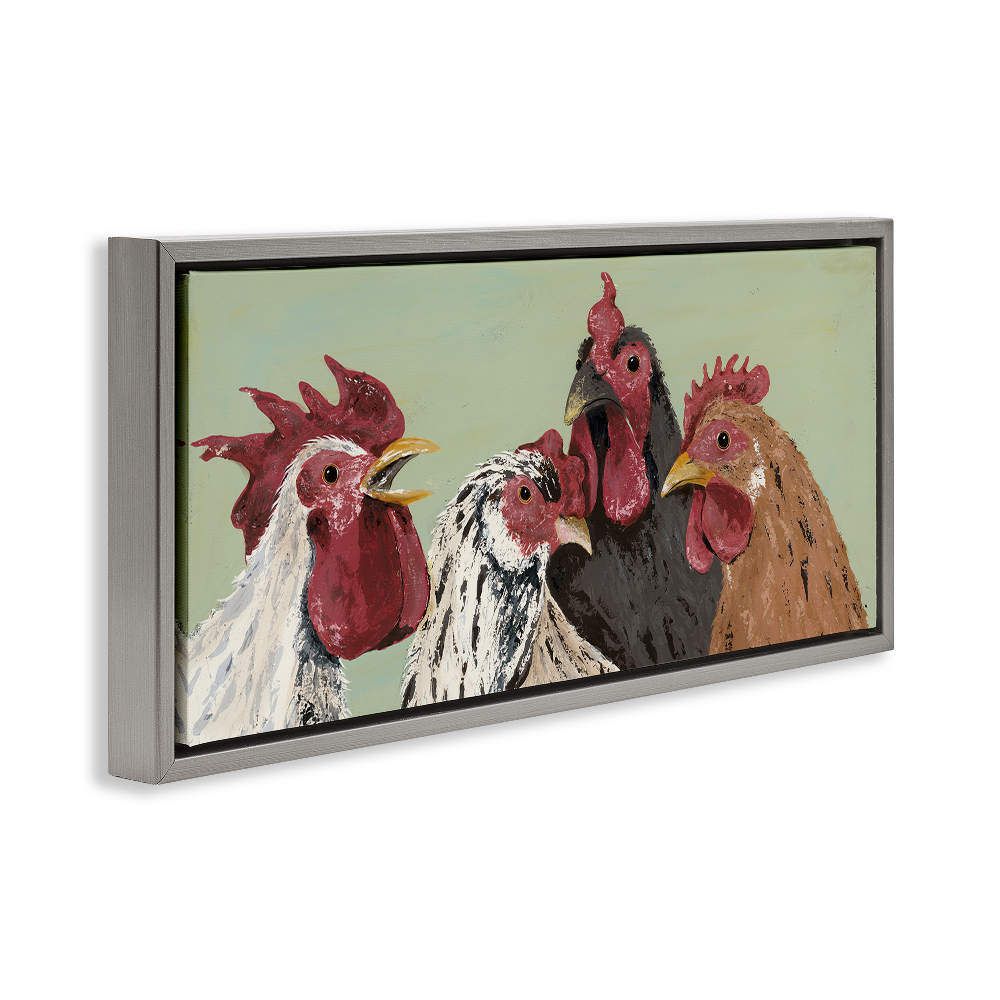 Stupell Industries Four Roosters over Green Animals & Insects Painting Gray Floater Framed Canvas Art Print Wall Art, 31 x 14