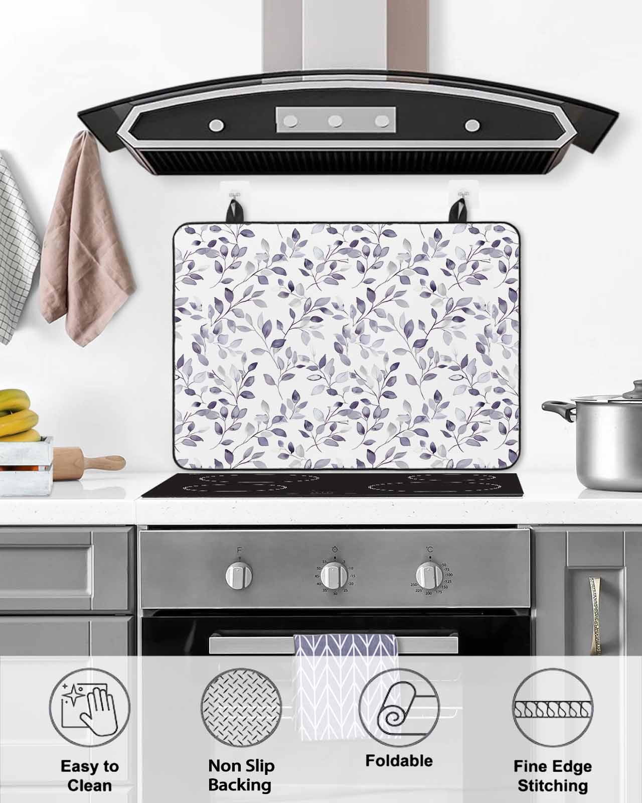 nqOlkjepod Large Induction Cooktop Protector Mat 24"x21", Purple Leaves Stove Top Covers for Electric Stove, Summer Botanical Watercolor Pastoral Stove Burner Cover Mats, Glass Top Stove Cover