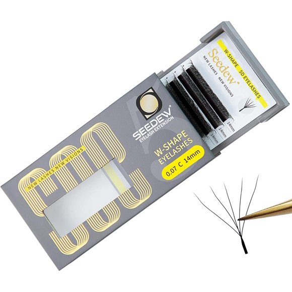 shiyou-SEEDEW 5D Lash Extensions, 0.07mm C Curl 14mm 12 Rows/Tray, W Shape Flat Stem, Korean PBT Volume False Eyelashes Grafting for Beginner Artist, Lash Tech, Beauty Salon(5D-Matte Black-0.07-C-14m