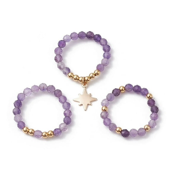 3 Set 3Pcs 3 Style Natural Amethyst Beaded Stretch Rings Set Stackable Rings with Brass Star Charms Inner Diameter: 21~22mm 1Pc/style