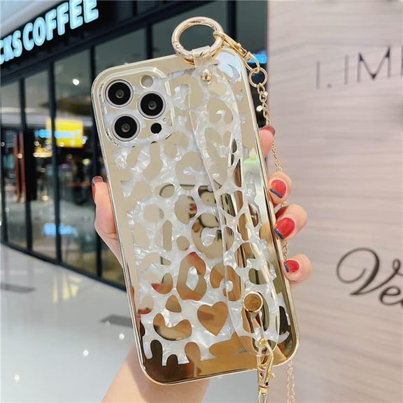 Girls Case for iPhone 12 with Wristband, Golden Leopard Print Glitter Women Case for iPhone 12, Cheetah Skin Gildy Case Cute Case for iPhone 12 with Metal Strap