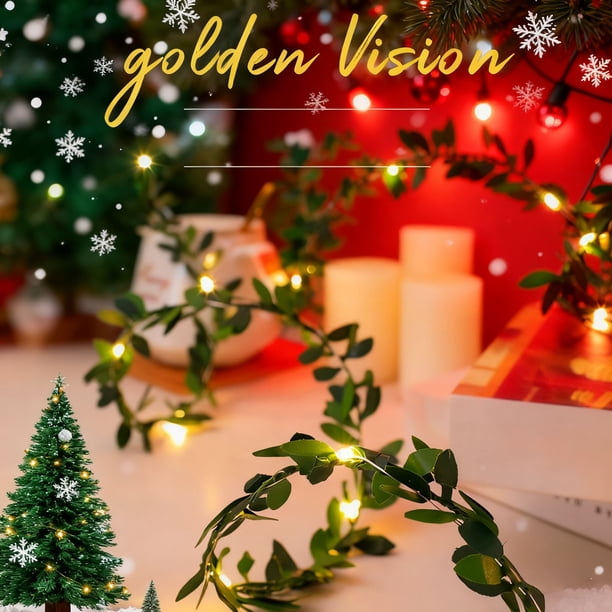 Decoraciones navideñas, adornos navideños, luces decorativas navideñas LED doradas de tela con forma de hoja de ratán, guirnalda de luces de ratán, guirnalda de luces de ratán para árbol de Navidad, g