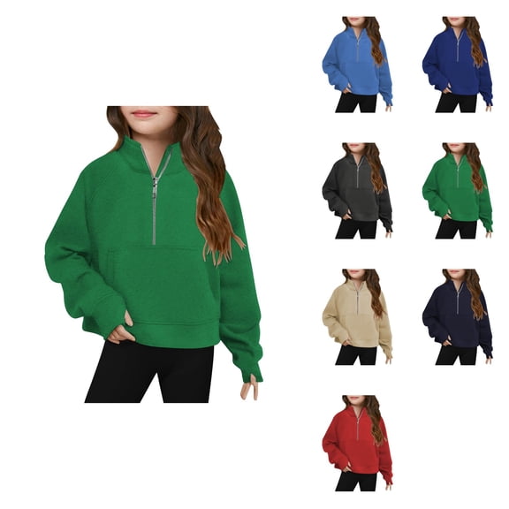 Girls Half-Zip Crop Pullover, Lightweight Long Sleeve Winter Sweatshirt Top with Thumb Holes, Cute Trendy Fall Fashion for Girls